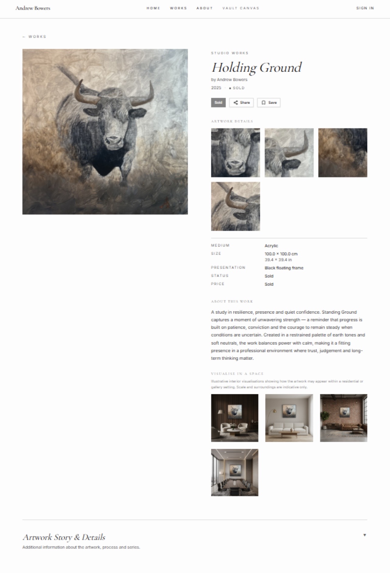 Individual artwork page with narrative, specifications and enquiry form, generated from a Vault Canvas artwork record