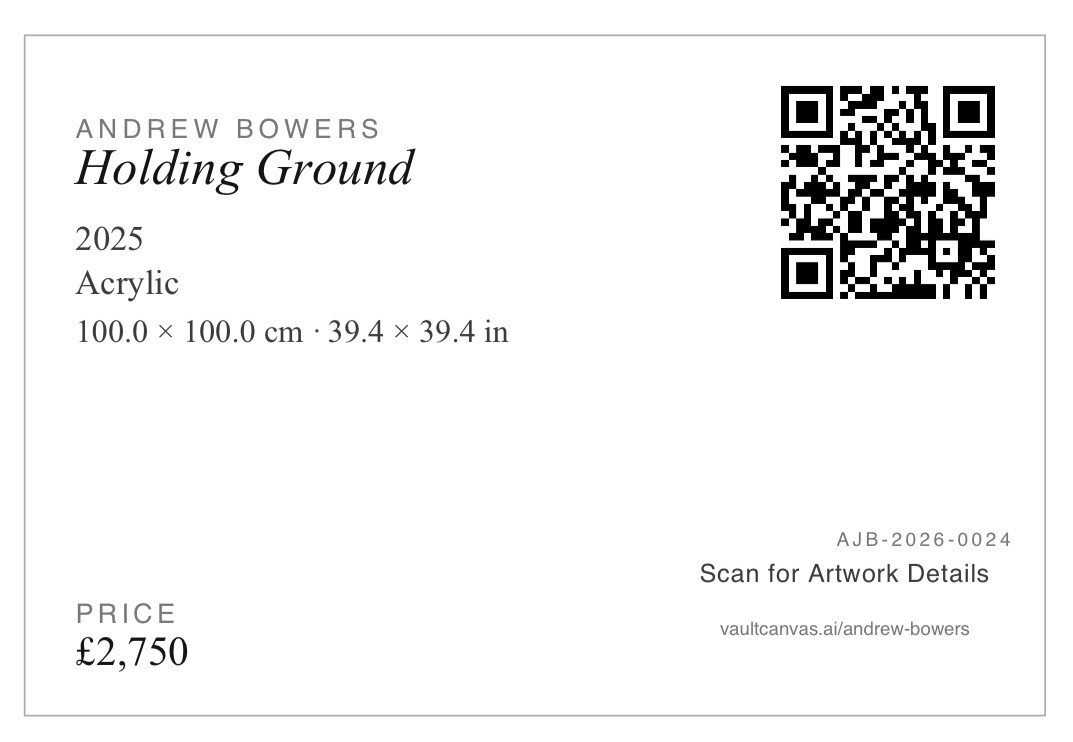 Gallery-ready exhibition hanging label with QR code, generated from a Vault Canvas artwork record