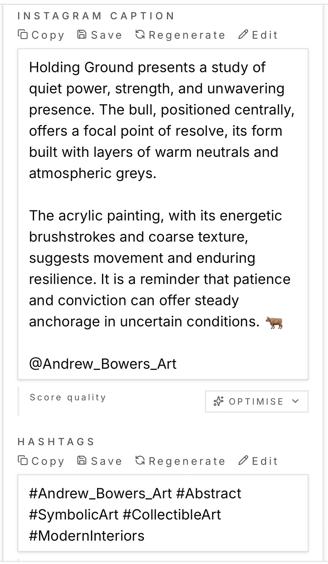 Artwork marketing content and social media post generated from a single artwork record in Vault Canvas
