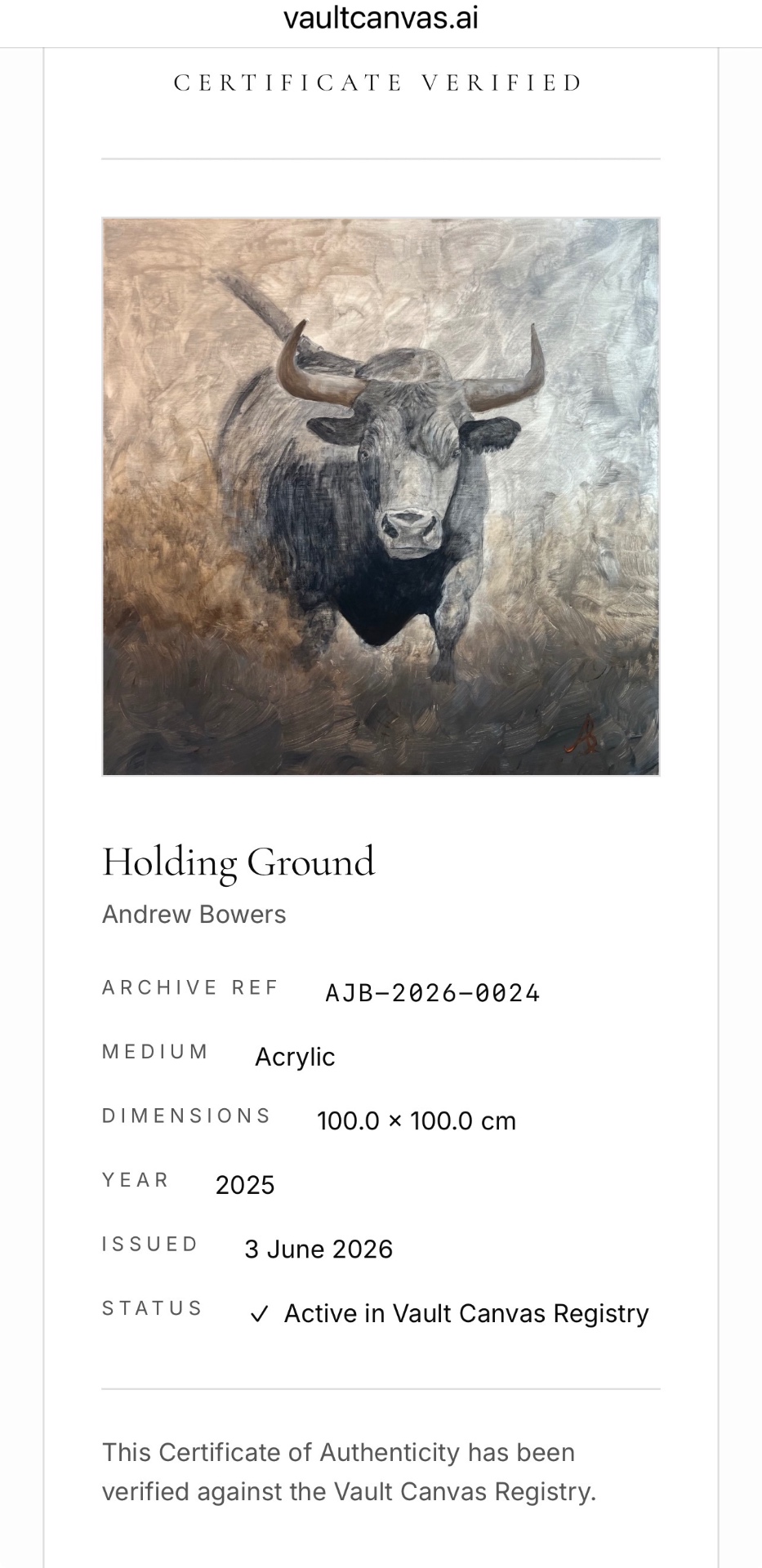 Vault Canvas public verification page confirming Certificate of Authenticity status for an artwork
